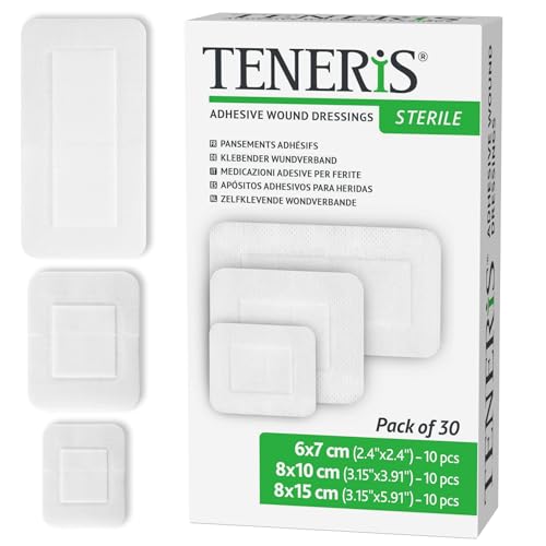 Teneris Sterile Adhesive Wound Dressings Pack of 30 Assorted Sizes (6×7 8×10 8×15) Individually Wrapped Breathable Surgical Plasters for Post-Operative Wound Care & Medical Device Fixation