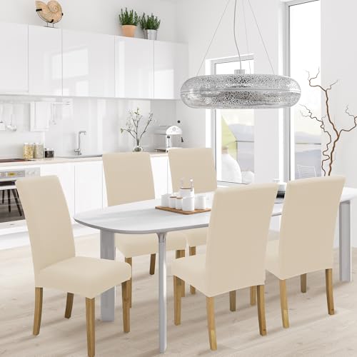SUKAIKEQA Dehnbarer Stuhlbezug, Hochstuhlbezug, Bürostuhlbezug, (Satz 4/6/8 Stück mit Rückenlehne), geeignet für Wohnzimmer, Küche, Party und Hotel (4, Milchseide Beige)