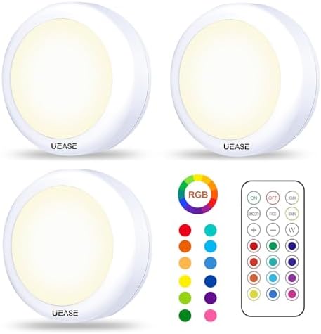 Under Cabinet LED Lights with Romote, 3PCS RGB Light Wireless Lights Battery Powered Puck Lights Under Cupboard Tap&Remote Control, 13 Colors, Dimmable, Timer, for Kitchen Bedroom