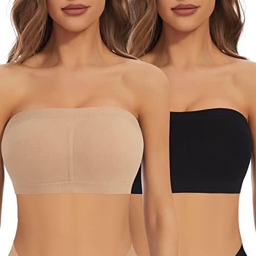 Strapless Bras for Women Bandeau Bras No Padded Strapless Bralette Tube Top Bra (Black + Beige# No Padded, X-Large)