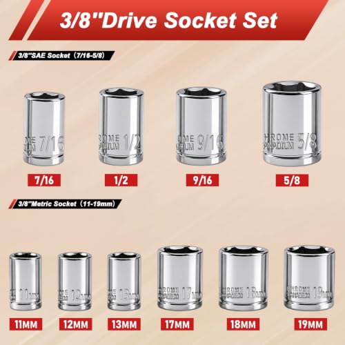 Image of Egofine 40 Pieces 1 /4 & 3 /8 inch Drive Socket Ratchet Wrench Set, Metric /SAE Size, with Extension Bar, Adapter, Spinner Handle and Spin Disk for Auto Repairing and Household, with Storage Box