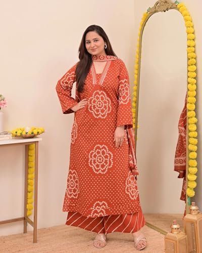 Image of Klosia Women Pure Cotton Kurta Pant Set with Dupatta | Bandhani Print Kurta Sets for Women | Comfortable Suit Sets|Regular Fit