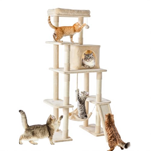 Image of Sweetcrispy 63 inch Cat Tree Tower, Large Multi Level Cat Climbing Tower with Condo, Natural Sisal Scratching Posts, Extended Platform, Hammock, Pet House for Indoor Cats and Kittens Play, Beige