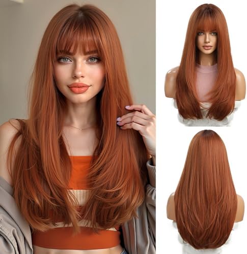 Esmee Pelucas Largas Rectas Cobre para Mujer Pelucas de Pelo Sintético Natural Ombre con Flequillo para Uso Diario en Fiestas