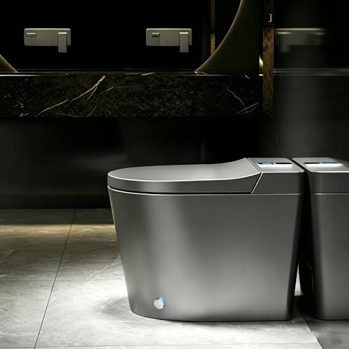 Inodoro inteligente compacto gris de 60 cm para baños pequeños con tapa automática, asiento calefactable, sensor de pie, escudo de espuma, descarga automática, limpieza UV y secado cálido, 110V miniatura 1