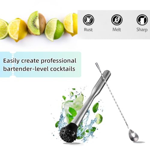 Stainless Steel Cocktail Muddler, Muddler Pestle with Mixing Bar Spoon, Bar Stick Mixed Spoon Bartender Cocktail Shaker Bar Tool Set - Thumbnail 4