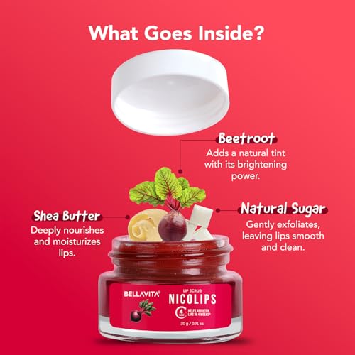 bellavita luxury nicolips lip scrub 20gm  lip balm for exfoliation amp dark lip moisturizing  with goodness of beetroot shea butter amp walnut lip scrub  lip scrubber exfoliator for women and men