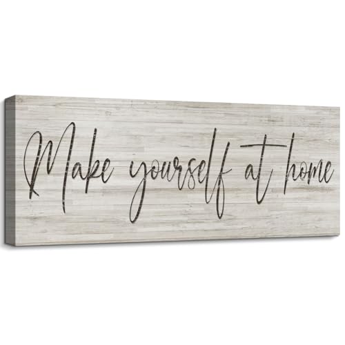 Pureluca Make Yourself at Home Wall Sign Inspirational Quotes Canvas Art for Guest Room Décor Farmhouse Vacation Rental Home Wall Hanging Decor 6x17 Inches Country Family Welcoming Sign Artwork