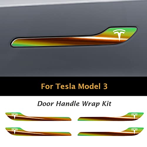 Image of IPG Compatible for Model 3 / Model Y /Juniper Door Handle Decal Sticker Wrap Kit (Set of 4) with Tesla Logo Personalize Your Tesla (Mirror Green Gold)