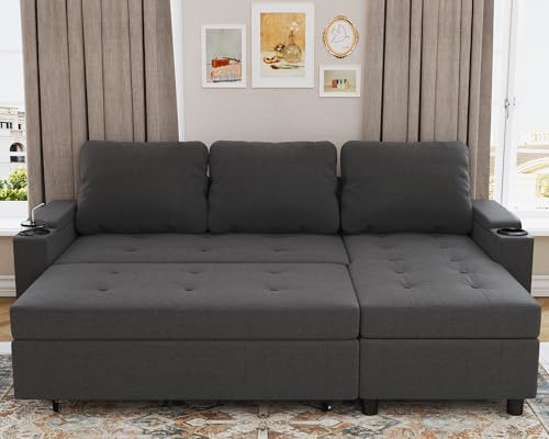 Devoko Ecksofa mit Schlaffunktion und Bettkasten L-Form Sofa 3-Sitzer Ausziehbares Schlafsofa Leinen Couch Kleines Schlafcouch für Wohnung und Wohnzimmer, Dunkelgrau
