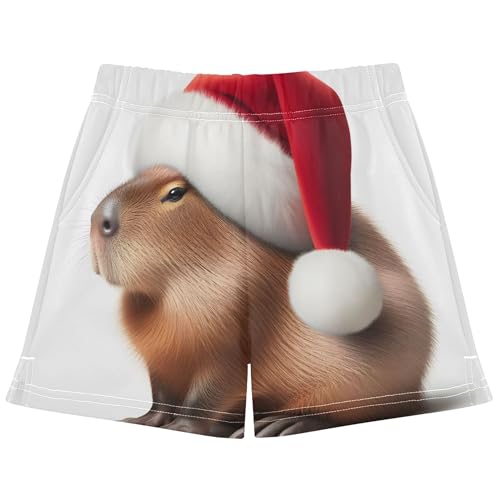 Girls Cute Capybara Christmas Hat Print Lounge Shorts Kids Athletic Pajama Activewear Summer Clothes, X-Small