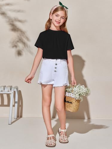 Image of Haloumoning Girls Short Sleeve T Shirts Kids Summer Pleated Tops Casual Crewneck Tees 5-14 Years