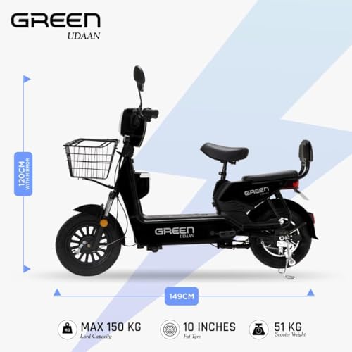 Image of Green Udaan Low Speed Electric Scooter Non RTO 80KM Range Lithium Battery with Portable Charger (Black)