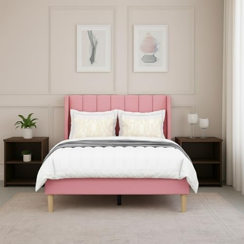 Image of Metal Upholstered Bed Queen Size Without Storage | Wooden Queen Size Cot with Headboard | Double Size Bed for Bedroom | Palang Furniture for Guest Room & Hotels, Pink, (Pink)