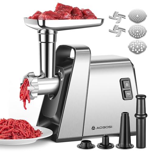 AAOBOSI 3000W Electric Meat Grinder Electric Meat Mincer Machine with 2 Stainless Steel Blades & 4 Grinding Plates Sausage Maker & Kibbe Kit for Home Use Sliver