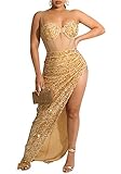 Adogirl Women Sparkly Party Club Night Dresses Sexy Cocktail Birthday Dresses Bodycon Wrap Sequin Corset Prom Maxi Dress Clubwear Gold Plus Size 2XL