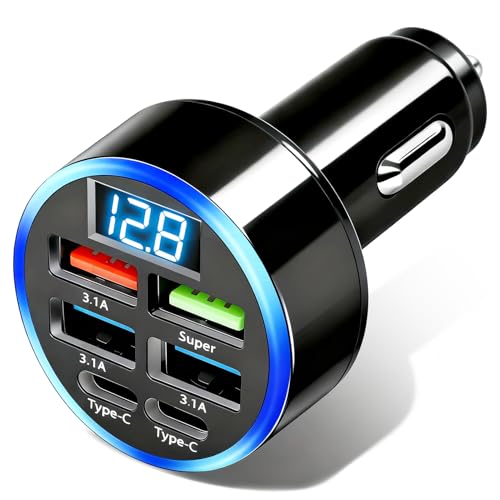Chargeur Allume Cigare USB C Rapide, 50W 6 Ports Chargeur Voiture Allume Cigare USB QC3.0&PD Prise Adaptateur avec LED Voltmètre Compatible avec iPhone 16 15 14 13 12...