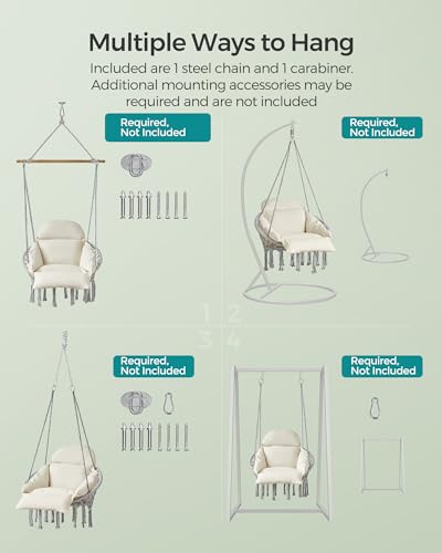 Image of SONGMICS Hanging Chair Thick Cushion Hammock Chair Accessories Included | Hammock Chair with Large, Thick Cushion, Boho Swing Chair for Bedroom, Patio, Balcony, Dove Gray and Cream White UGDC042M11