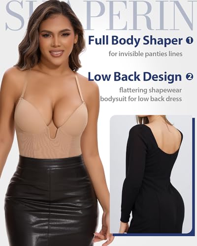 Image of SHAPERIN Backless Shapewear Strapless Bodysuit Bra Fajas U Plunge Tummy Control Low Back Full Body Shaper Corset for Women