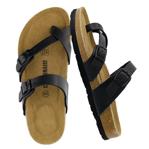 CUSHIONAIRE Luna Sandals for Women, Cork Footbed Womens Sandals for Summer Comfort with Adjustable Straps, Wide Width Available, BLACK 8W