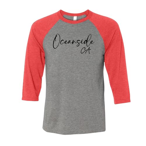 TeesAndTankYou Script Oceanside California Three-Quarter Raglan Sleeve Baseball Shirt Unisex 2X-Large Grey/Red