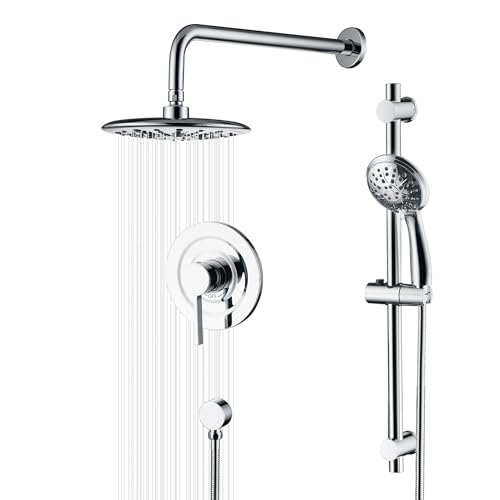 sumerain Modern Bathroom Shower System with High Pressure Rainfall Shower Head, 3-Setting Handheld Shower and Adjustable Slide Bar, Valve Included, Chrome Finish