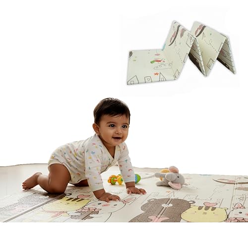Image of Kids Station Double-Sided Waterproof Baby Playmat - Foldable, Portable & Reversible Foam Mat for Infants, Toddlers & Kids - Soft, Non-Slip, Easy-to-Clean Baby Crawling Mat for Indoor /Outdoor Use (200x150x0.6cm, Bear & Moon-Star Print)