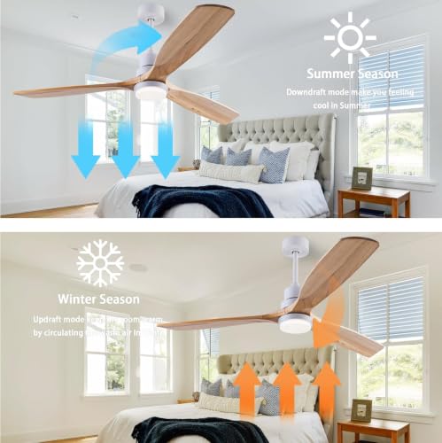 Image of QUTWOB 56 inch 3-Blade Wood Ceiling Fan with Light & Remote, Indoor Outdoor | solid natural wood blades, quiet dc inverter motor, 6-speed reversible remote, 3-color led, for indoor outdoor living room