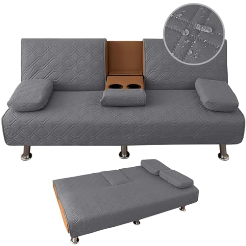 ZYXFYY 4 Pieces Waterproof Click Clack Sofa Bed Cover 3 Seater, Quilted Convertible Folding Futon Cover with 2 Removable Armrests Covers and 1 Cup Holders Cover (Grey)