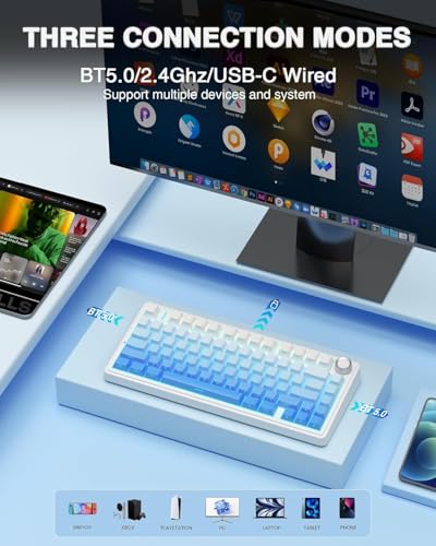 Image of AULA F75 75% Side-Engraved Keycaps Wireless Mechanical Keyboard | Hot Swappable | Pre-lubed Linear Switches | RGB Backlit | 2.4GHz /Type-C /Bluetooth Keyboard (Side-Engraved, Blue Star-Vector Switch)