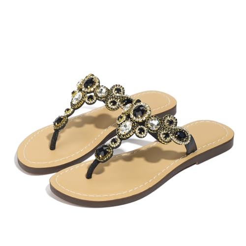 Bling Flip Flops for Women Fashion Sparkly Flat Sandals for Women Jewel Rhinestone Sandals Summer Wedding Beach Casual Vacation Black Szie 83