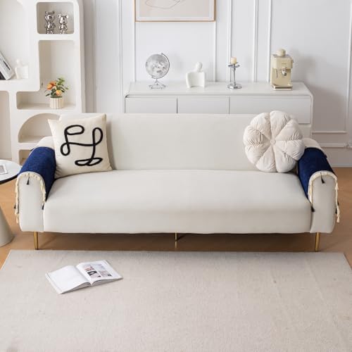 Image of HOKIPO 'Serenity Tassel' Chenille Sofa Arm Cover with Tassels - 1 Pair | Sapphire Navy (IN-893-NBL*2)