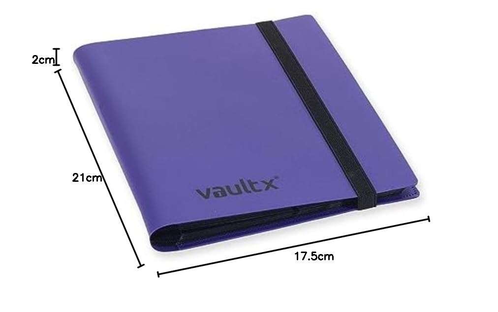 Vault X 4-kieszeniowy segregator na karty kolekcjonerskie z paskiem, 160 kart, wersja standardowa, 20 stron bocznie ładowanych, folder na gry kolekcjonerskie, sportowe, TCG (Fioletowy)