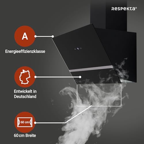 Respekta Dunstabzugshaube kopffrei / Dunstabzugshaube schräg 60 cm / Metallgehäuse mit Glasschirm in Schwarz / Abluft - und Umluftfunktion / CH24060SAM / A / 54 – 67,5 dB