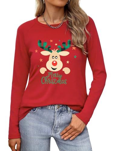 Wayleb Damen Langarm Weihnachtsshirt Rundhals – Lustiges Christmas...