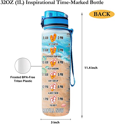 64Hydro 32Oz 1Liter Motivational Water Bottle With Time Marker & Removable Strainer Flip Top Leakproof Durable Bpa Free Non-Toxic For Home Work Gym Fitness Sports - Beach Flip Flop Ocean Sea Summer #TOP3