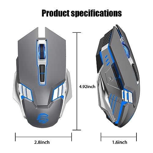 Image of Bluetooth Gaming Mouse, RGB Rechargeable USB Wireless Mouse, Quiet Click, LED Backlit, Ergonomic, with Side Button, 6 Button, DPI Adjustable, Computer Mice for Laptop PC MacBook Chromebook - Grey