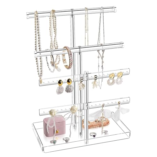 Acrylic Jewelry Organizer Stand with Tray 4-Tier 14 Tall Tangle-Free Clear Jewelry Display Holder for Hanging Long Necklaces & Bracelets 40 Earring Holes Tower Tray Storage for Rings Watch Perfum