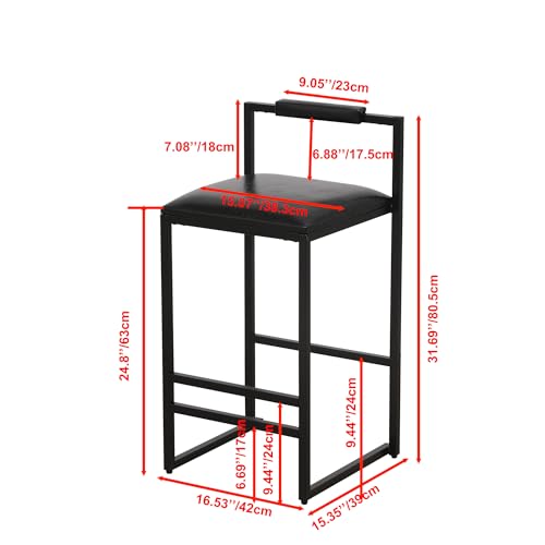 Set de 2 Butacos de Altura de Barra, Butacas de Cuero PU Negro con Reposapiernas y Patas de Metal Negro, Diseño Moderno Sin Brazos para Cocina o Barra (Altura de asiento 24.8") miniatura 2