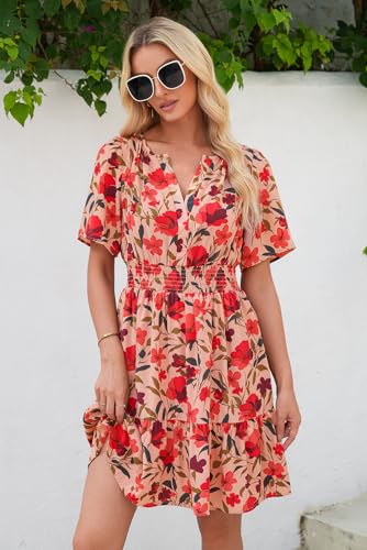 Image of Dokotoo Womens Summer Dresses 2026 Boho Floral Short Sleeve V Neck Smocked Waist Casual A-Line Swing Mini Dress Sundress