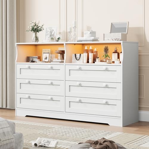 White Wood Dressers for Bedroom with 6 Drawer, Wooden Dresser with LED Lights and Power Outlet, Modern Chest of Drawers for Living Room Entryway Hallway, 55" Wide Wood TV Stand White_1