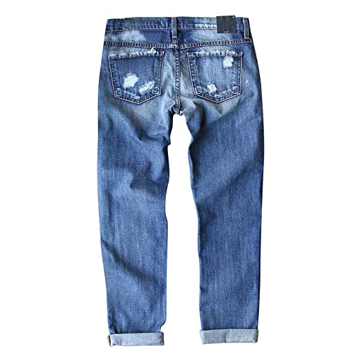 Women's Plaid Patchwork Boyfriend Distressed Jeans Light Sweatpant Jeans Wide Leg High Waisted with Pockets4