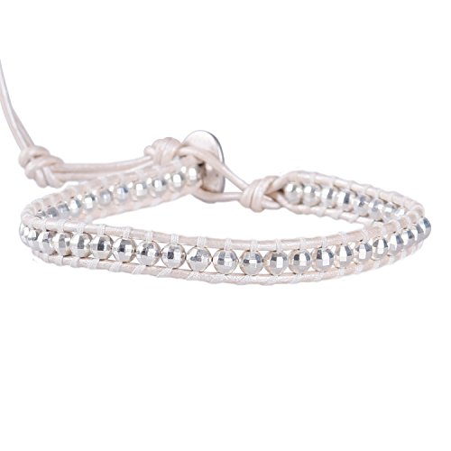 KELITCH Chapado en plata Hematites Facetado Abalorios Pulsera Del Abrigo Pulsera - Blanco Cuero