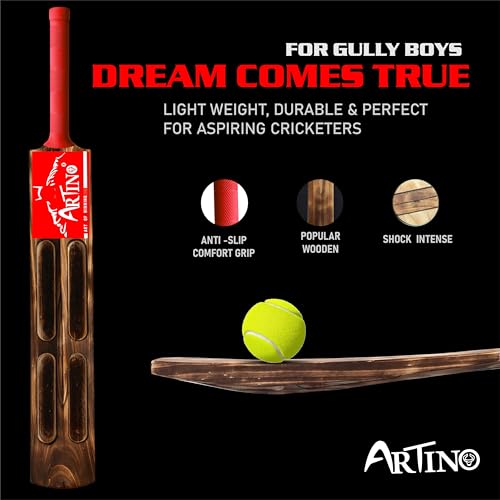 Image of Artino Burn Wooden Cricket Bat for Tennis Ball - Full Size 900g Lightweight Bat with Strong Handle for Outdoor & Gully Cricket