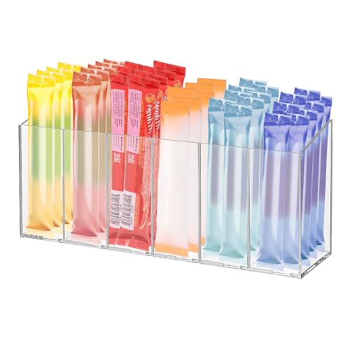 Acidea Acrylic Drink Packet Storage Organizer, Water Flavor Packet Storage Container, 6 Compartment Tea Bag Organizer with Removable Partition, drink sachet storage for Snacks, Pouches, Spice Packets