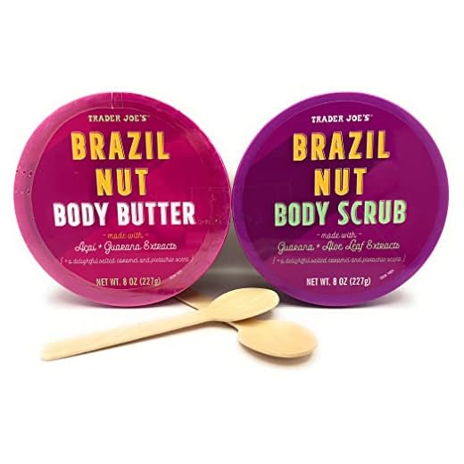 Trader Joe's Deluxe Variety Bundle : (1) Brazil Nut Body Butter (8 oz) and (1) Brazil Body Scrub (8 oz) Plus Two Mini Birchwood Spoons.