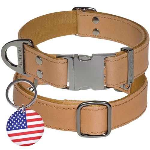 ADITYNA Leather Dog Collar with Metal Buckle - Heavy-Duty, Adjustable for Medium & Large Dogs - Walking, Training, Hiking (CamelBrown, Fits 15-21" Necks)