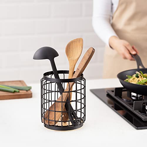 Navaris-Bote-metalico-para-Utensilios-de-Cocina-Soporte-Organizador-de-Rejilla-para-menaje-cucharas-Cubiertos-Portautensilios-de-Metal-y-Madera