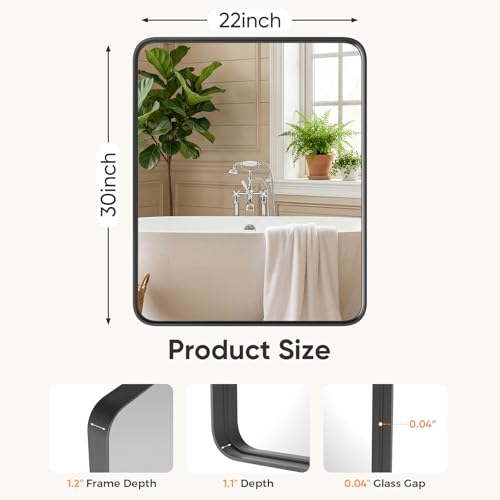 Image of Sweetcrispy Bathroom Wall Mirror, 30x22 Inch Mirror for Over Sink, Black | Modern Rounded Rectangle Wall Mount Vanity Mirrors with Matte Metal Framed, for Home Decor, Living Room, Bedroom