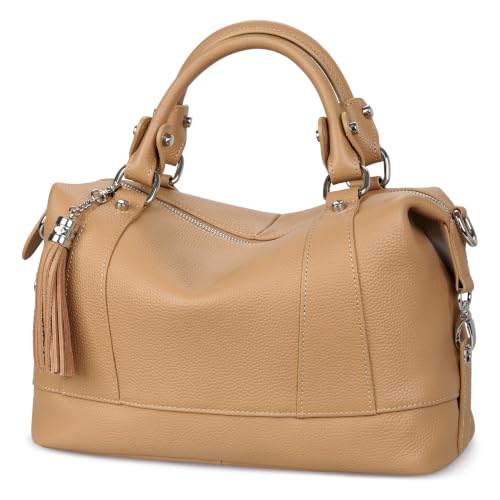 Image of HESHE Genuine Leather Purse for Women Satchel Tote Bags Shoulder HandBags | Soft Top Grain Leather,Tassel,Large Capcity,Adjustable Long Strap,Roomy,Top Handle,Crossbody,Trendy,Travel,Work,Daily Use